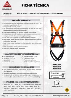 Cinto de Segurança Paraquedista Abdominal MG Cinto Mult2010A com Regulagem Total  e Porta Ferramentas CA35.519
