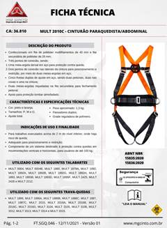 Cinto de Segurança Paraquedista Abdominal MG Cinto MULT 2010C com Regulagem Total CA 36.810